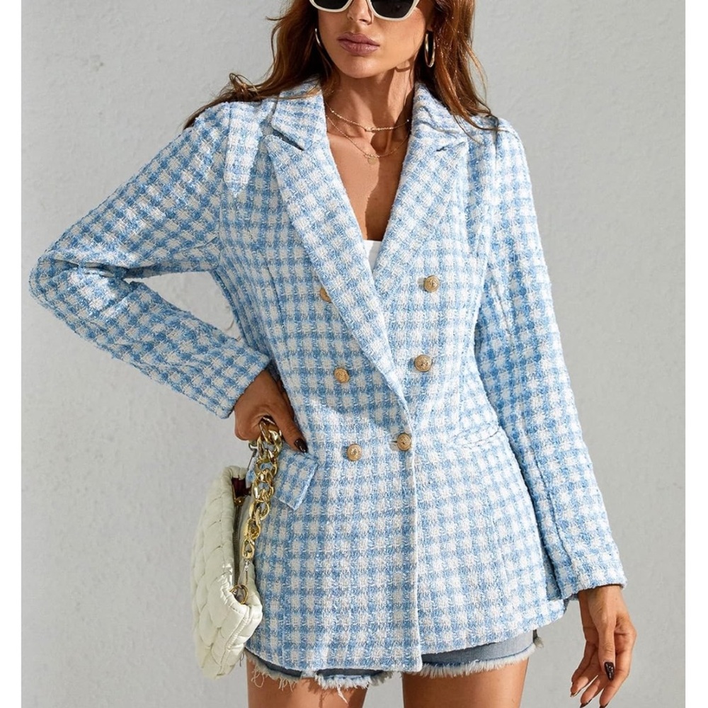 Tweed Style Checkered Boyfriend Blazer. Baby Blue, White, Gold Buttons. Size M.
